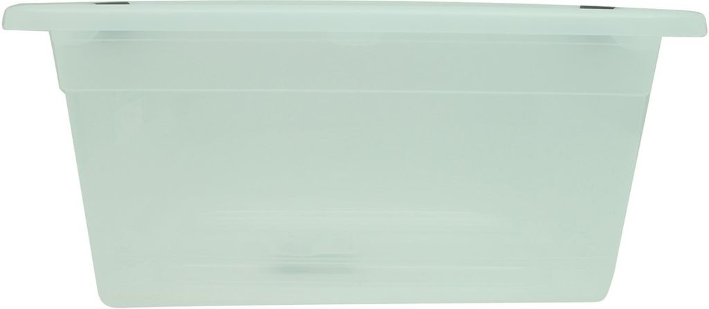 A side view of a translucent light blue storage box.