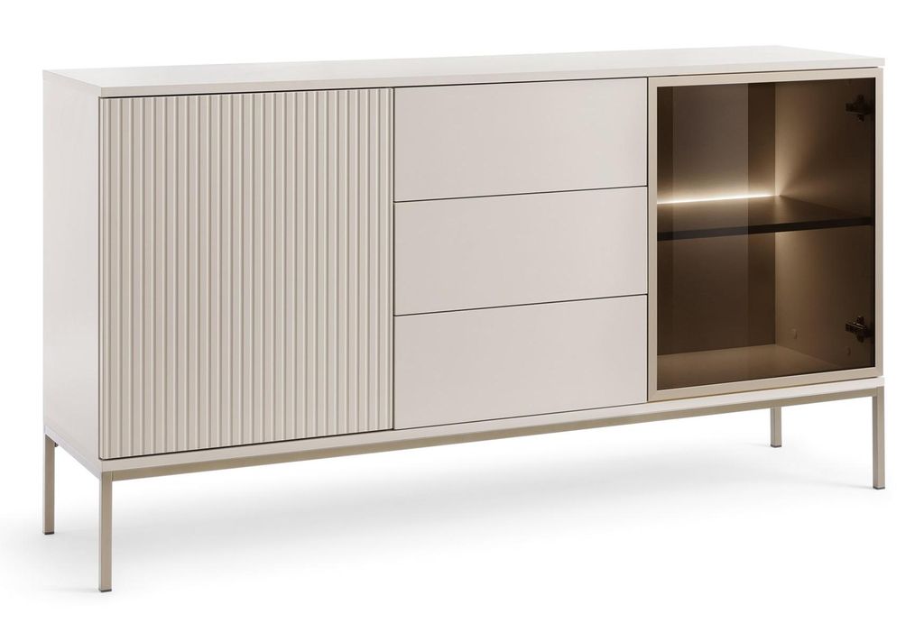 Sideboard HALLE KSZ154 - Kommode mit 2 Türen, LED-Beleuchtung,Lamellen - Loft Stil (Cashmiere)
