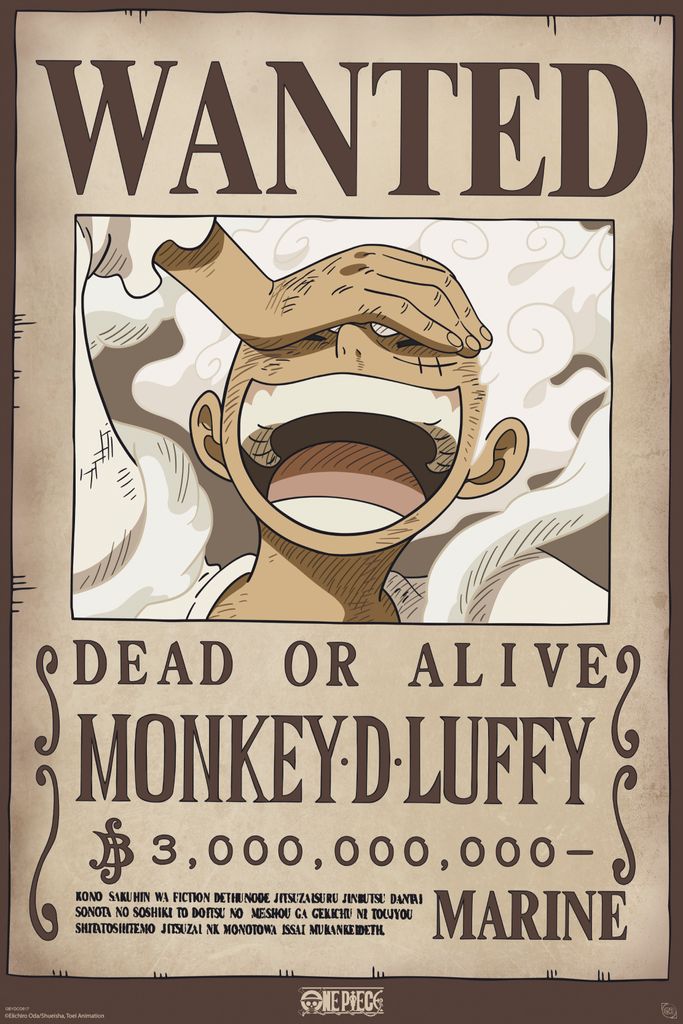 A wanted poster for Monkey D. Luffy from One Piece, featuring his image and bounty information.