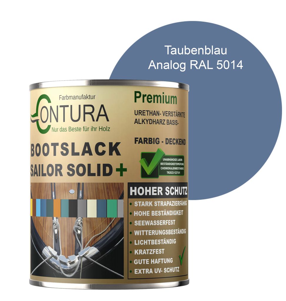 Contura 1Liter Bootslack Farbig SEIDENMATT Yacht- Buntlack Metall Holz GFK Schiffslack RAL Holzlack Boot Farblos - Taubenblau - RAL 5014 Analog