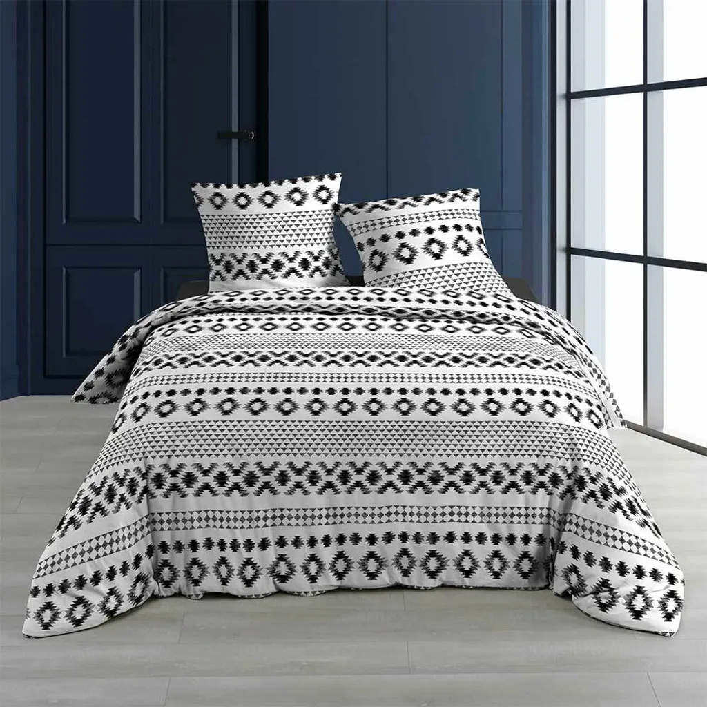 Parure de lit Aztec 260x240 pour lit King Size décor géométrique noir