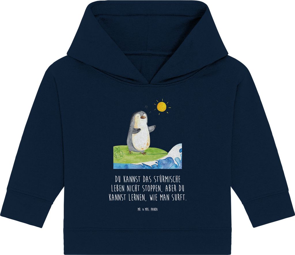 Mr. & Mrs. Panda Organic Baby Hoodie Pinguin Surfer 12. - 18. Monat - French Navy - Geschenk, Kapuzenshirt, Motiviert, Hawaii, Urlaub, Optimistisch...