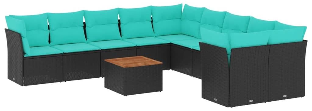 vidaXL 11-tlg. Garten-Sofagarnitur mit Kissen Schwarz Poly Rattan