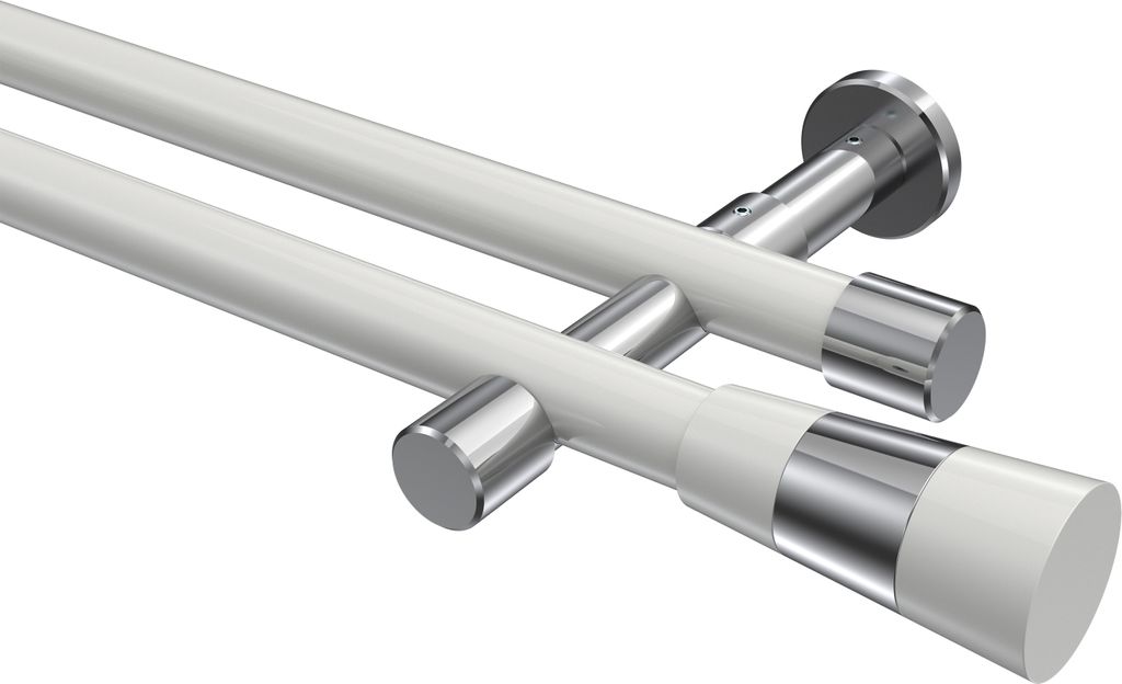 Interdeco Gardinenstange / Vorhangstange Weiß / Chrom, Typ Prestige Tanara (Konus Bicolor) ohne Ringe, 20 mm Ø 2-läufig, 540 cm