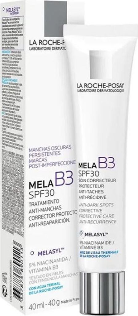 A product shot of a La Roche-Posay Mela B3 SPF 30 corrective cream tube and its packaging.