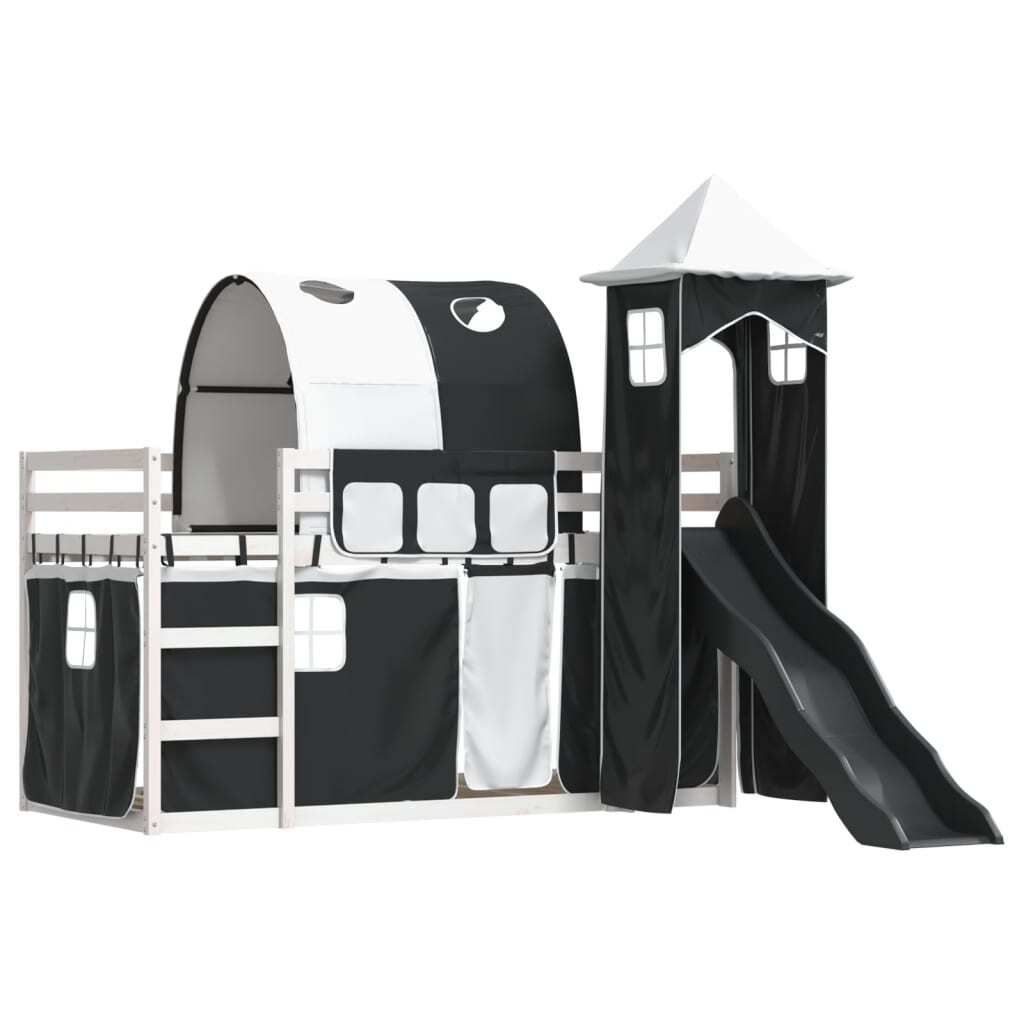 Möbel Etagenbett Einzelbett - Gästezimmer - mit Rutsche und Gardinen Weiß und Schwarz 90x200 cm - Polsterbett Klassische Betten CLORIS3353991