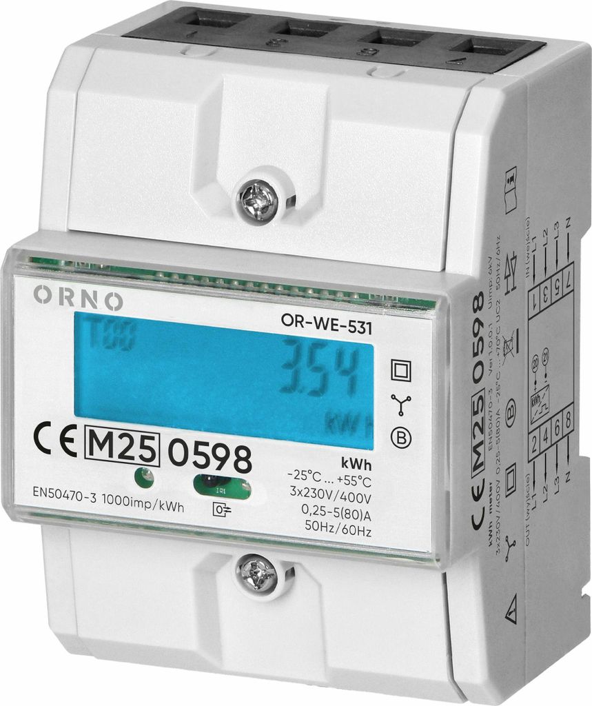 ORNO OR-WE-531 Drehstromzähler, 80 A, MID-, 3-phasig, 230 V, Impulsfrequenz 1000 Impulse/kWh, Schutzart IP51, misst Blindenergie und Verbrauch, IR...