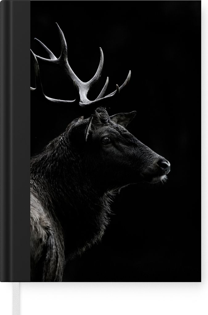 MuchoWow Notizbuch Tagebuch Haushaltsbuch Notebook A5 Hirsch - Schwarz - Porträt - Geweih - Tiere - Notizblock - Notizheft - Notebook - Schreibb...