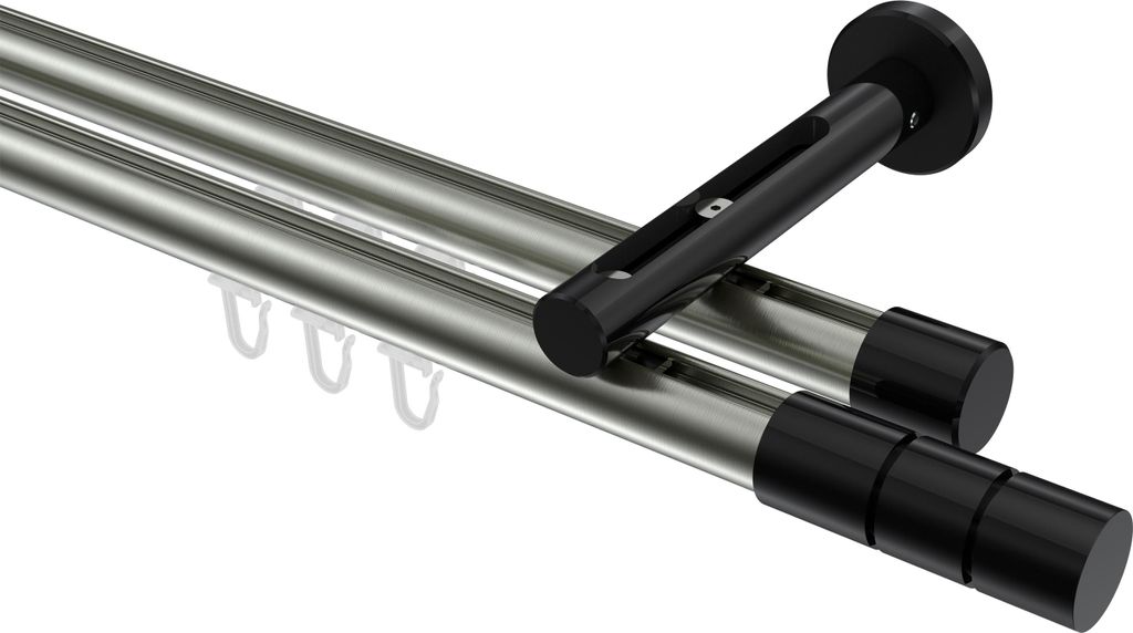 Interdeco Innenlaufstange / Gardinenstange mit Innenlauf Edelstahl-Optik / Schwarz, Typ Siteno Elanto (Rillenzylinder), 20 mm Ø 2-läufig, 260 cm