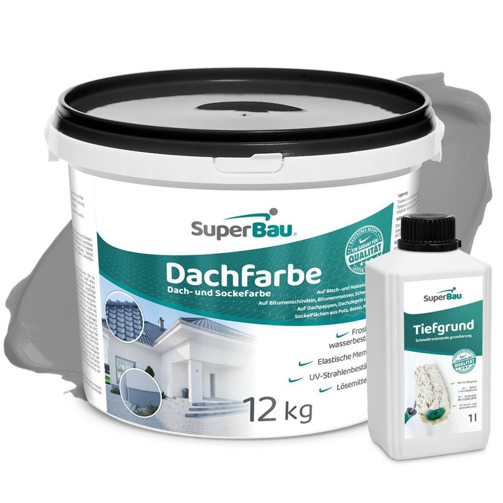 Superbau Dachfarbe Grau 12kg, SET MIT TIEFGRUND 1L, Sockelfarbe WASSERDICHT, Dachbeschichtung für Blechdach, Bitumen, Dachpappe, Schindeln, Putz