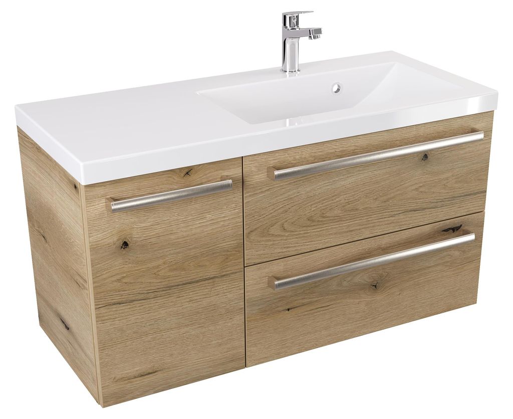 ATHD Wandhängender Waschtischunterschrank mit Waschbecken 90 cm T rechts - Evoke Matt Eiche - Griffe aus gebürstetem Edelstahl