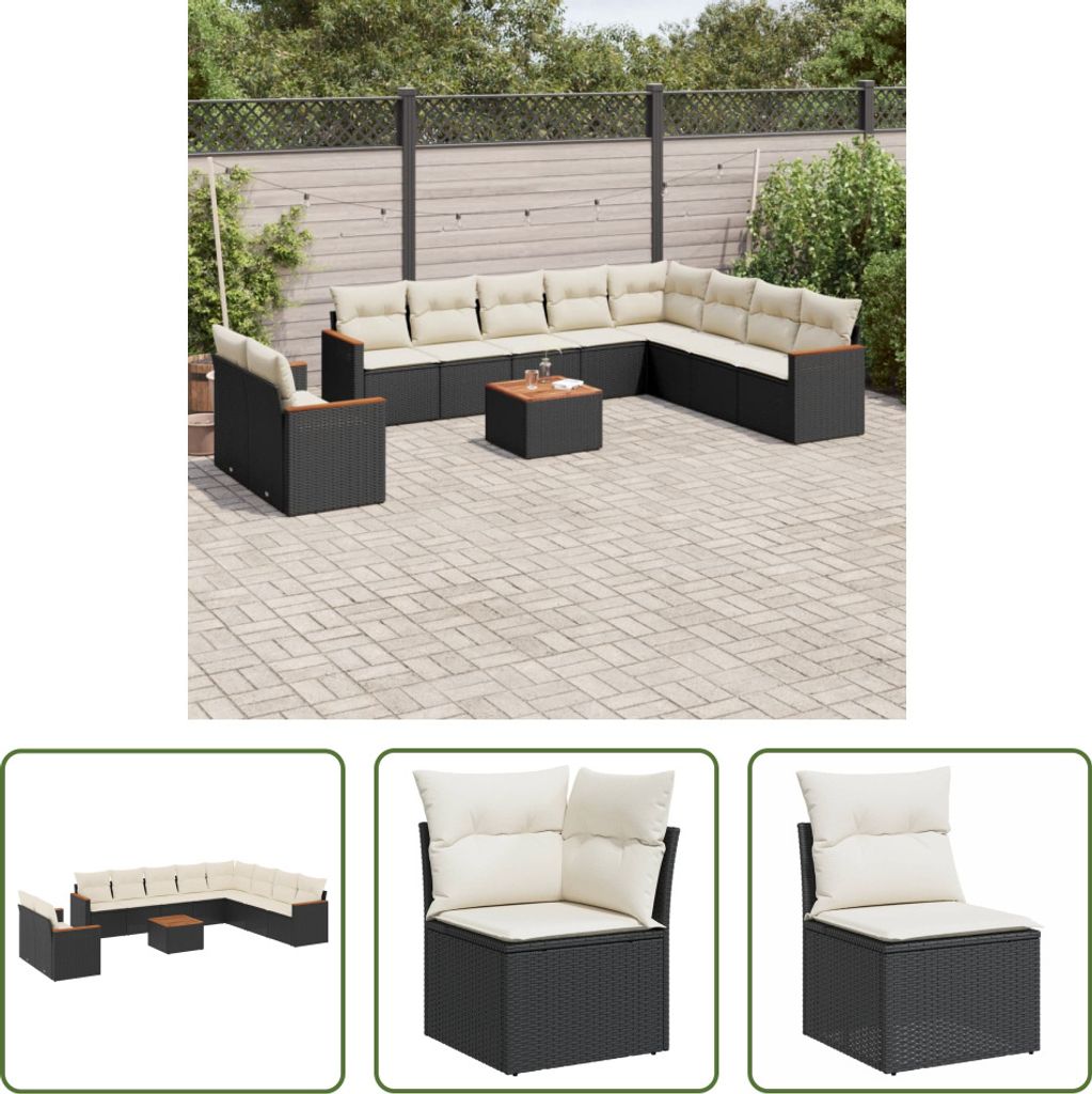 The Living Store 11-tlg. Garten-Sofagarnitur mit Kissen Schwarz Poly Rattan