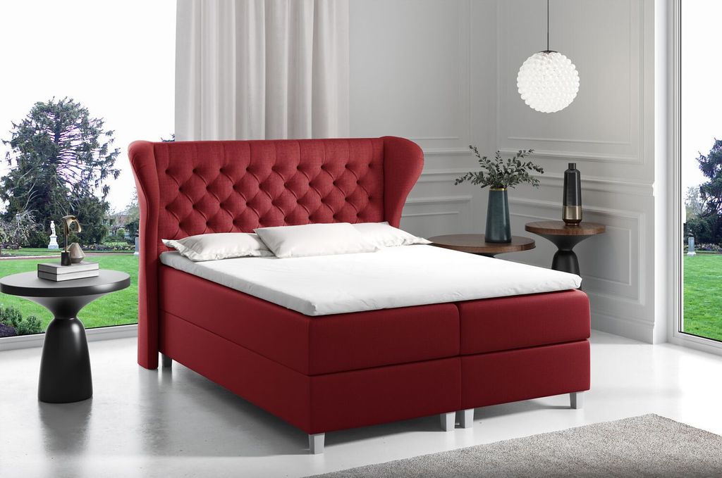 Boxspringbett mit gestepptem Kopfteil 140x200 JUTTA – Rot + GRATIS Topper