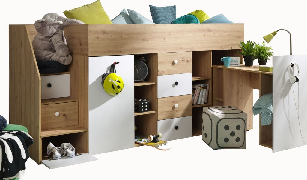 Etagenbett für Kinder SMART 3 Stockbett mit Treppe, Kleiderschrank und Schreibtisch (Artisan Eiche + Weiß matt, Seite: Links)