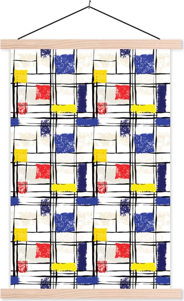 MuchoWow Textilposter Mondrian - Gelb - Rot - Blau 120x180 cm mit holzfarbenen Rahmen - Textil-Plakat