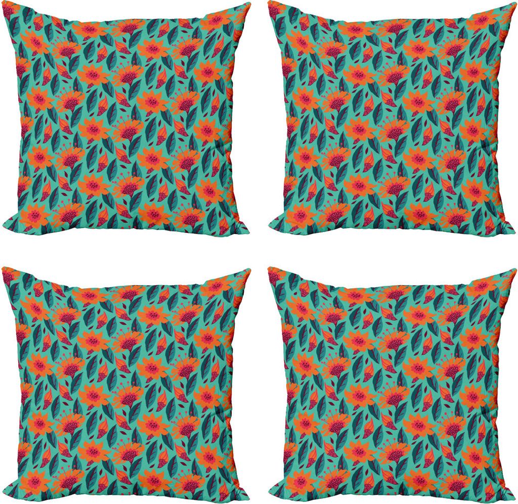 ABAKUHAUS Botanisch Kissenbezug Set (4 Stück), Leuchtende Blumenkunst, Moderner Doppelseitiger Digitaldruck, 45 cm x 45 cm, Dunkel Coral Sea Green
