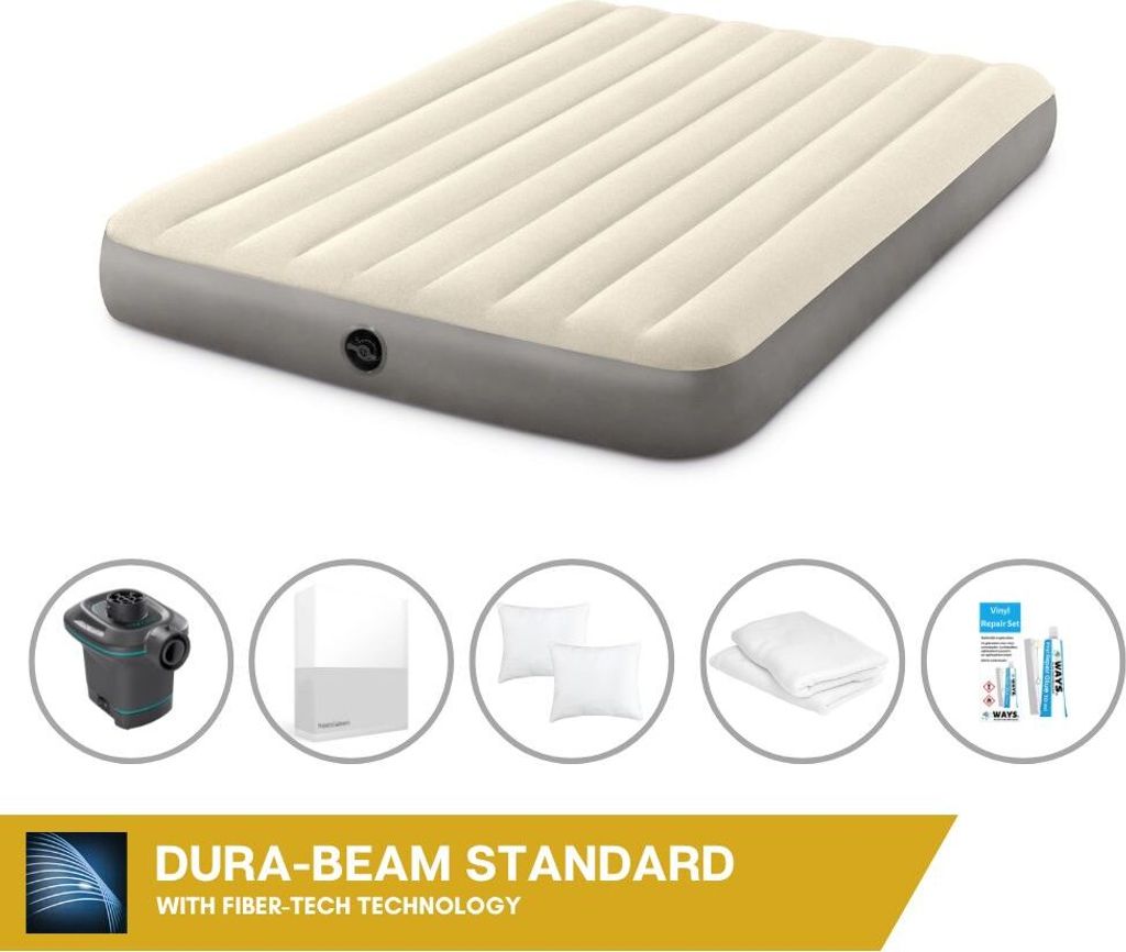 Intex Luftbett - 2 Personen - 152 x 203 x 25 cm - Beige + Intex Elektropumpe - 650 Liter/Min + Spannbettlaken Weiß + Kopfkissen + Molton 2 in 1 Ki...