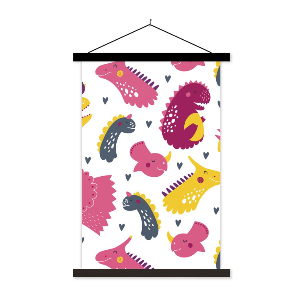 MuchoWow Textilposter Dino - Muster - Kind - Rosa - Mädchen 40x60 cm mit schwarzem Rahmen - Wanddekorationen