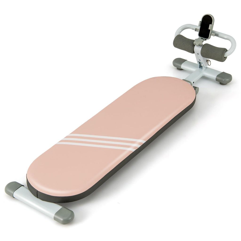 GOPLUS Sit Up Bank, Flachbank Hantelbank verstellbar 120-137cm, Bauchbank Trainingsbank Fitness Bank mit Beinfixierung für 14-18, Rosa
