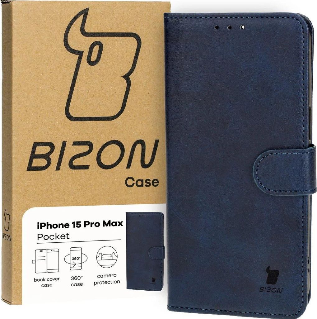 Bizon Case Pocket Flip Case für iPhone 15 Pro Max, Marineblau
