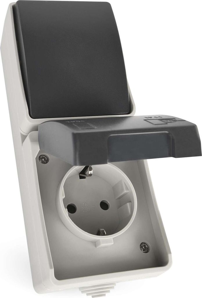 EMOS Wechselschalter und Steckdose, Aufputz-Kombination Schuko-Steckdose + Schalter zur Wandmontage, IP44 für Feuchtraum, Außen, Schwarz-Grau, A1...