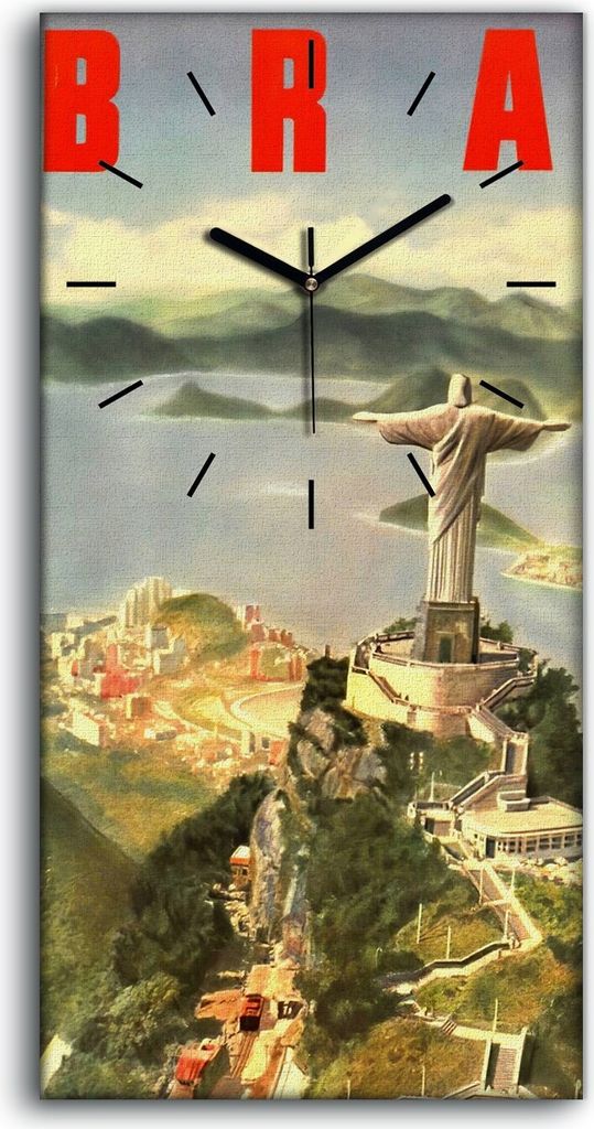 Wanduhr Uhr Wandbild Leinwand Quarz 30x60 Brasilien Rio Reiseposter Vintage - schwarze Hände