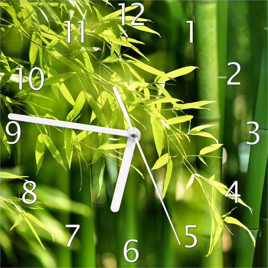 Wallario Design Wanduhr Bambuswald mit grünen Bambuspflanzen aus Echtglas, Größe 20 x 20 cm