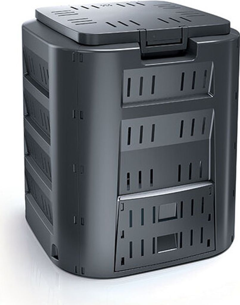 A dark gray compost bin is shown against a white background.