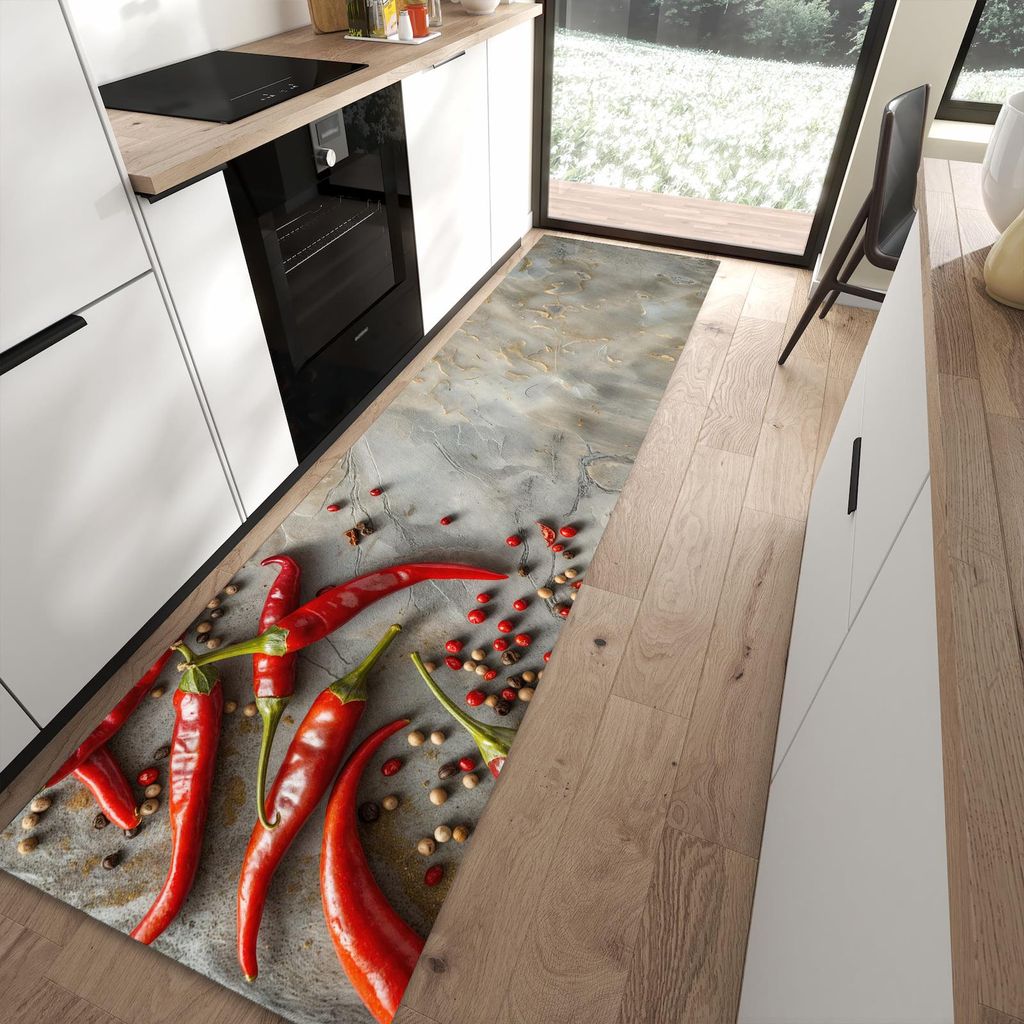 Küchenteppich 80x300cm rutschfest & abwischbar PVC Läufer - Chili Schoten