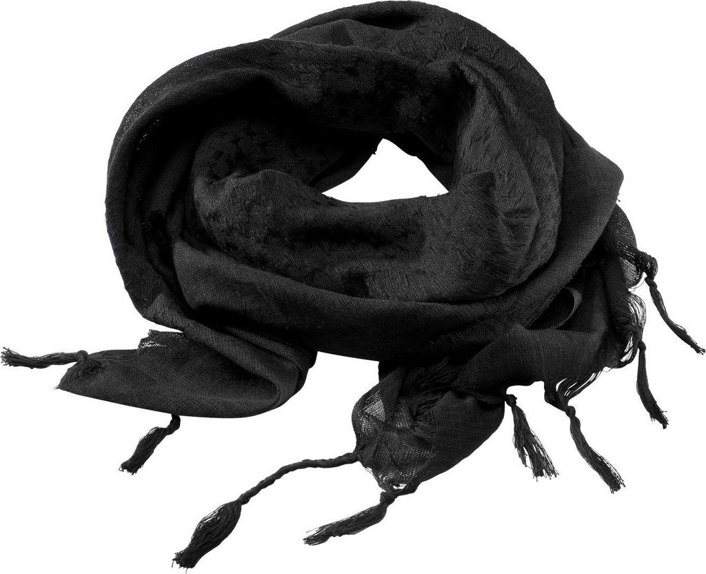 A black scarf with tassels is displayed against a white background.