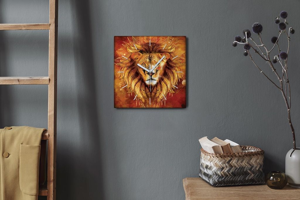 Coloray Hodiny Unikátní 30x30 cm Tiché hodiny Pro obývací pokoj a kuchyň Nástěnné hodiny Plátno Bílé ručičky hodin - Animal Cat Lion