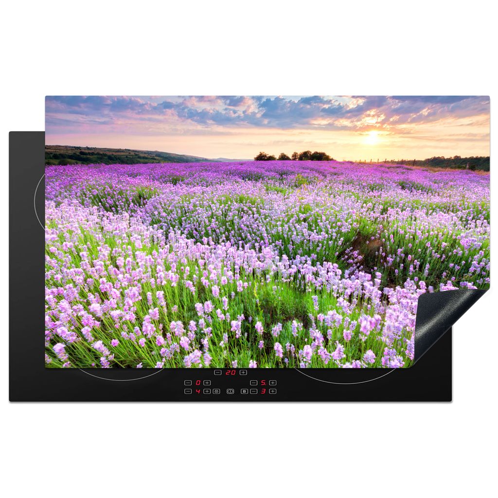KitchenYeah Herdabdeckplatte Lavendel - Blumen - Sonnenuntergang - Lila - Wiese , 85x52cm, Küche Deko, Glaskeramikkochfeld Herdabdeckung, Abdeck...