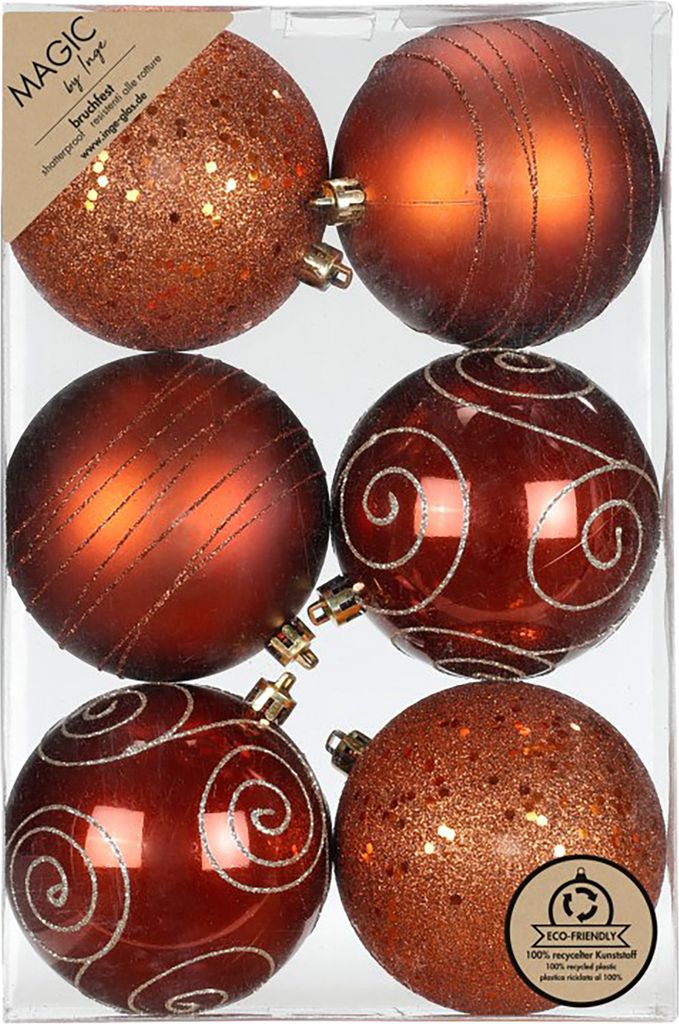 Weihnachtskugeln Kunststoff 8cm mit Glitzer 6er Set - Roasted Almond