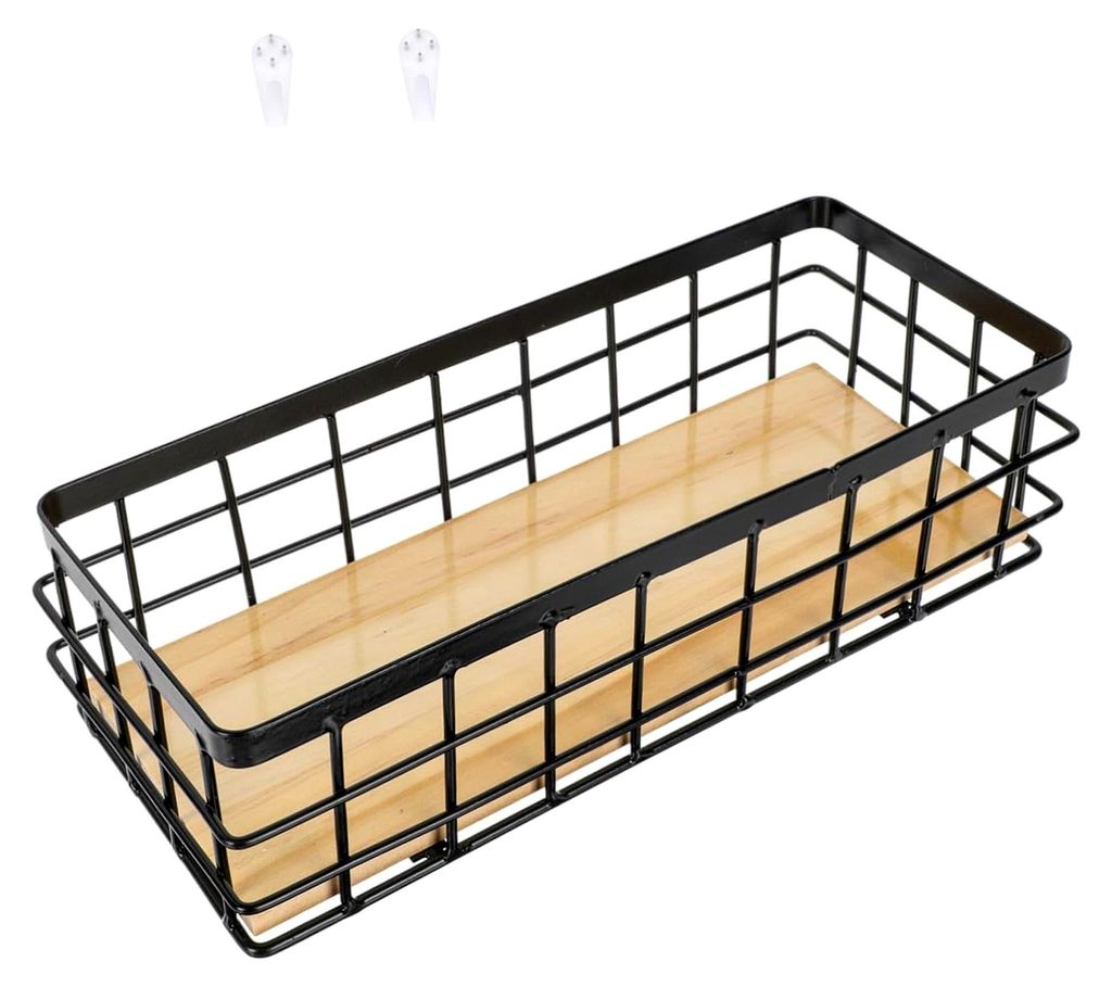 Aufbewahrungskorb aus Eisen mit Holzplatte für Wand und Tisch, robustes Metallgestell, multifunktionaler Organizer für Badezimmer, Küche und Bü...