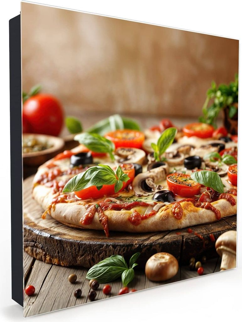 Nachbildung-Schlüsselkasten, Magnetpinnwand und Memoboard mit Glasfront Motiv Pizza im Holzofen