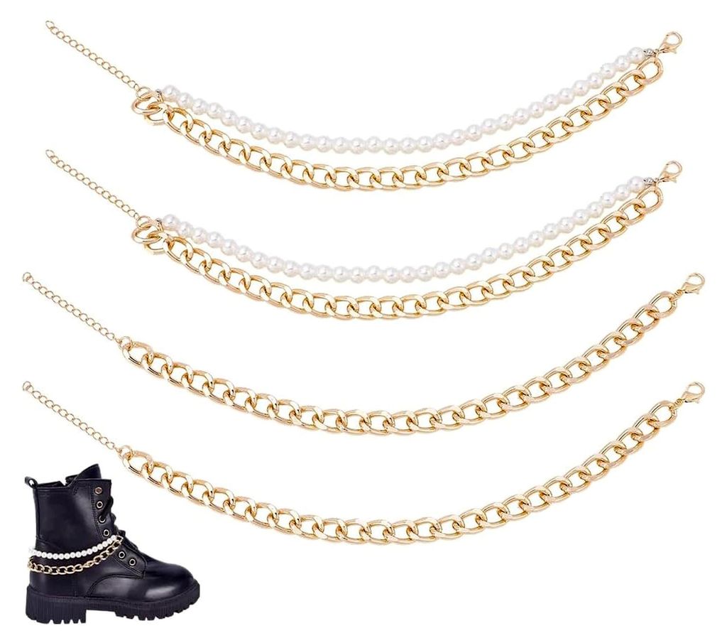 4 Stück Goldene Schuhcharms Ketten Perlen Schuhketten 2 Stile Aluminium Boot Strap Kette Schichtkette Metall Schuhe Zubehör Dekor für DIY Freize...