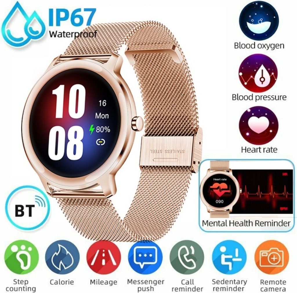 Damen Smartwatch Rosegold IP67 Wasserdicht Fitness Armband