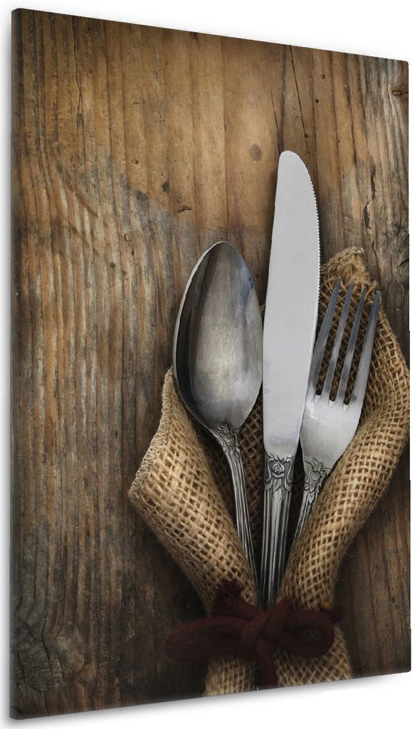 Wallario Premium Leinwandbild Besteck Set in Größe 60 x 90 cm