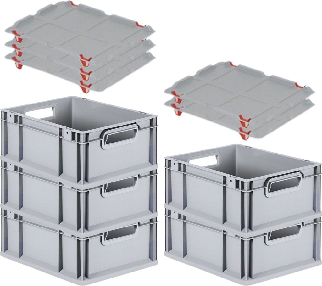 SparSet 5x Eurobox NextGen Grip mit Auflagedeckel inkl. 4 roten Schiebeschnappverschlüssen | HxBxT 17x30x40cm | 16 Liter | Griffe offen | Glatter ...
