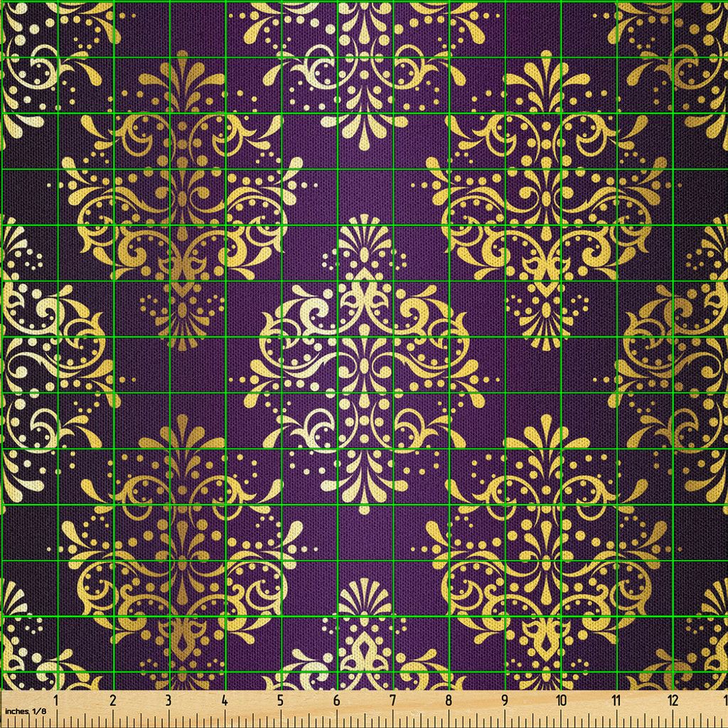 ABAKUHAUS Gelbes Damast Microfaser Stoff als Meterware , Grafisches Muster des stilisierten orientalischen Blatt-und Punkt-wiederholenden Druckes, ...