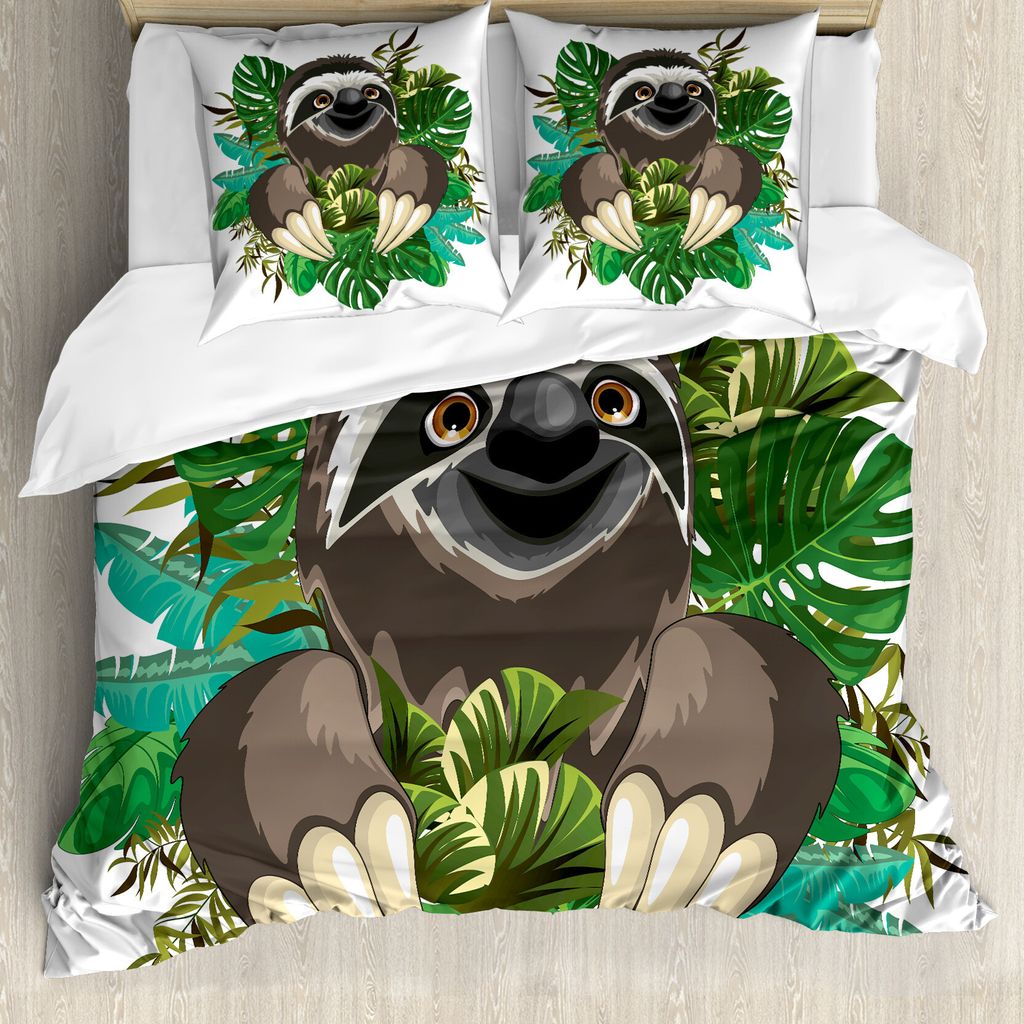 ABAKUHAUS Faultier Bettbezug, Cartoon Säugetier Dschungel, Milbensicher Allergiker geeignet mit Kissenbezügen, 155 cm x 220 cm - 80 x 80 cm, Scho...