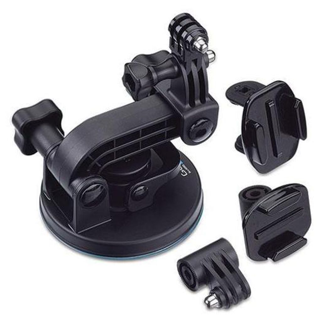 A black GoPro suction cup camera mount and several adapter pieces are displayed against a white background.