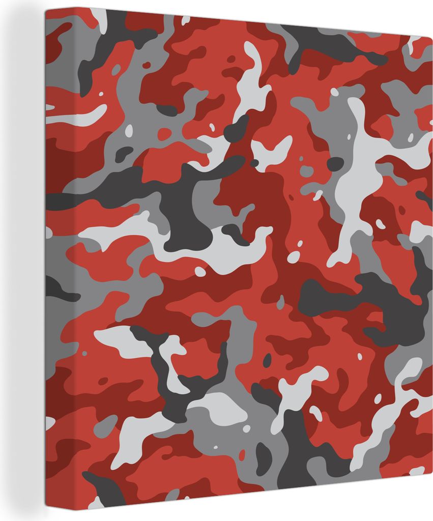 MuchoWow - Leinwandbilder - Rot mit grauem Camouflage-Muster, Wandbild, Wanddeko Bilder Wohnzimmer, 90x90 cm