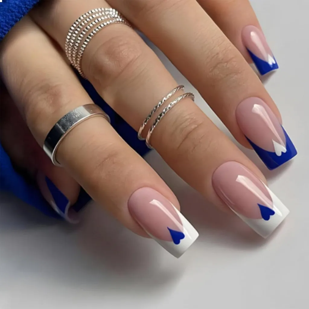 Faux Ongles Carrés French Manucure Bleue et Blanche Press On 24pcs