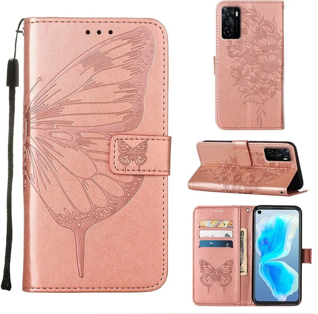 OPPO A55S 5G Case, Farfalla Rilievo Flip Custodia in pelle con slot per schede e Stand per OPPO A55S 5G Rose Gold