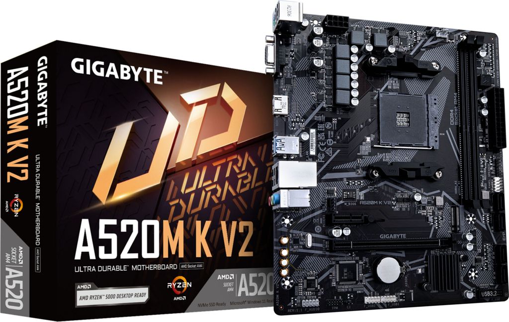 GIGABYTE A520M K V2 Mainboard - Unterstützt AMD Ryzen 5000 Serie AM4 CPUs, bis zu 5100MHz DDR4 (OC), PCIe Gen3 x4 M.2, GbE LAN, USB 3.2 Gen 1
