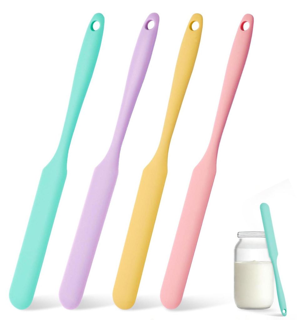 4-teiliges Silikon-Glasspatel-Set, vielseitiger Sauerteigschaber, dünner Spatel mit langem Griff, Glasschaber für Flaschen und Behälter, Marmela...
