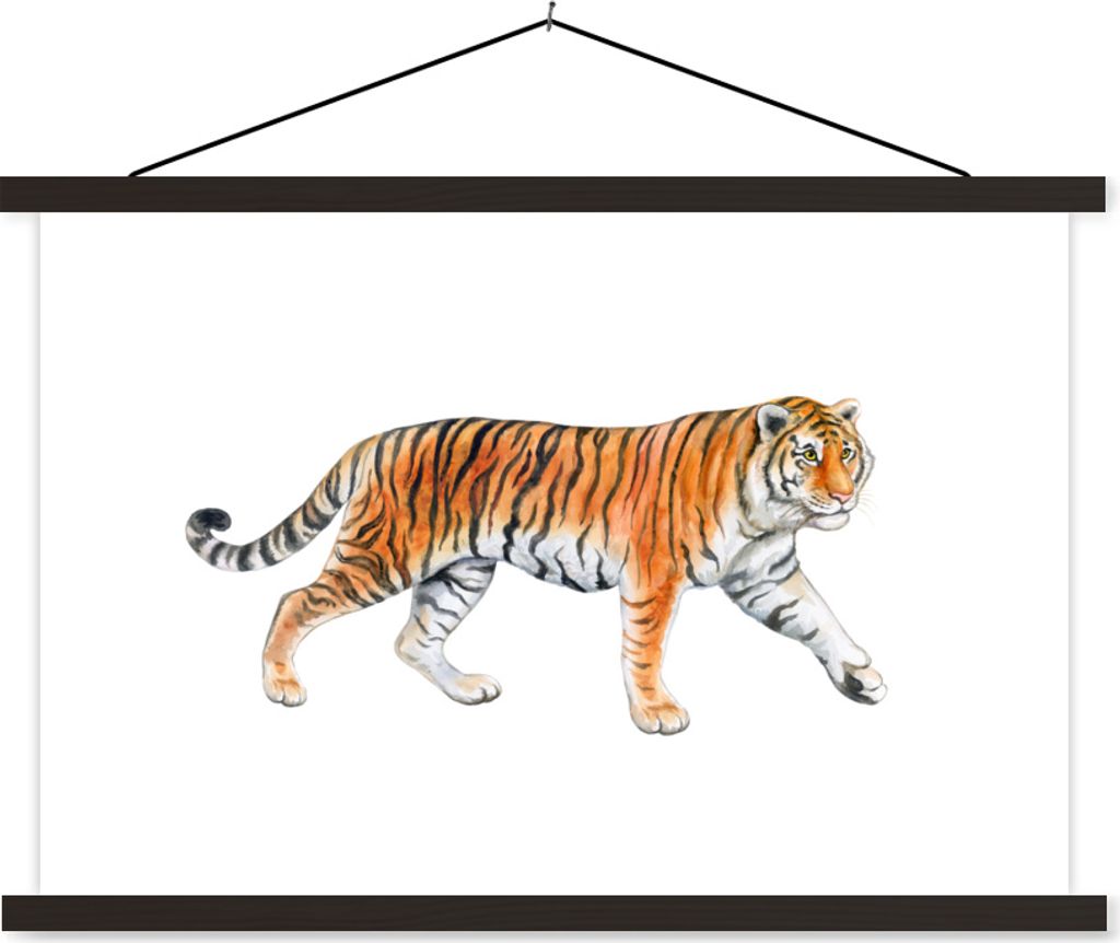 MuchoWow Textilposter Tiger - Orange - Weiß 90x60 cm mit schwarzem Rahmen - Aufhängungssatz