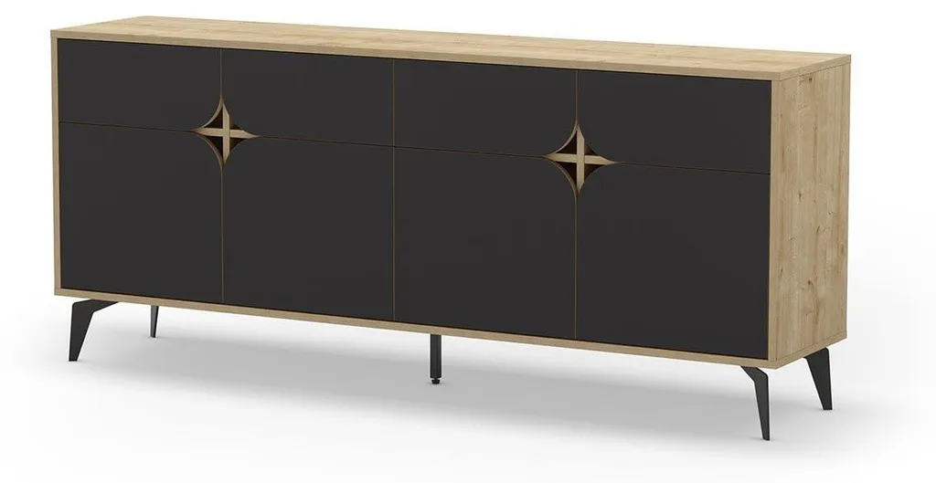 Buffet 4 portes FLORA pied métal L185 cm, grand bahut design moderne