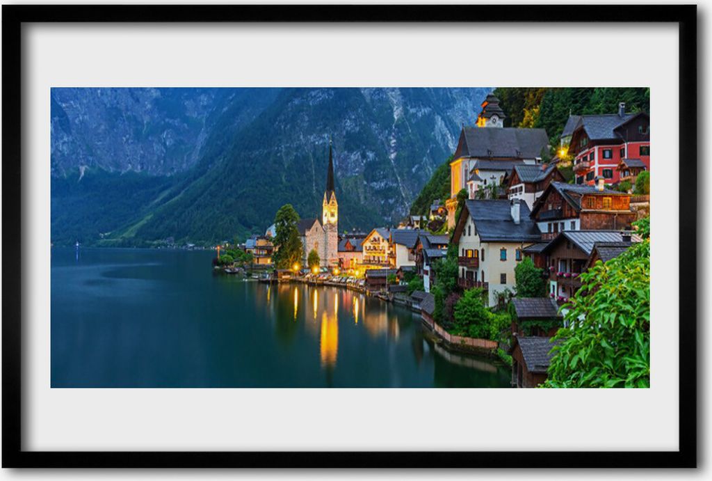 Bild 60x40 MDF-Rahmen Wandkunst Mountain Lake Stadt in der Nacht